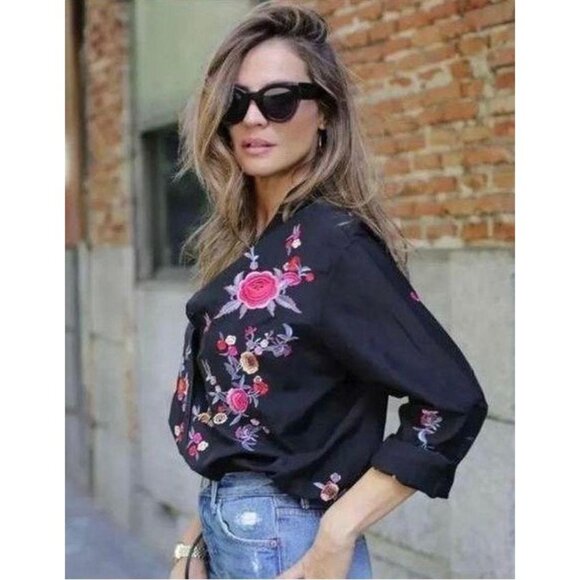Zara Floral Embroidered Button Down Black Cotton Silk Blend Size XS Oversized - Picture 2 of 11